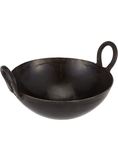 Iron Kadai Cooking Pot with Double Handle, 30 Cm, Black, IK0012, Jalebi Kadai, Stir Fry Pan, Wok Black 30cm