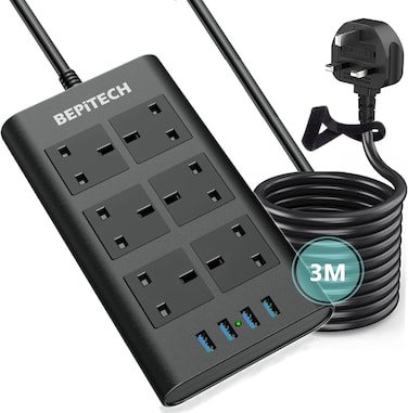 BEPiTECH 3-Meter 6 Gang Extension Cord with 4 USB Ports, Surge Protected Power Strip, 6 UK-UAE Multi-Plug Charging Station, Flat Design Extension Lead for phone/Tablet/Laptops/Travel/Office/Home
