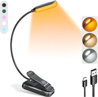 Glocusent Lightweight Rechargeable 10 LED Amber Book Light for Reading in Bed, Clip-on EyeCare Warm Reading Light up to 80Hrs, 3 Brightness Dimmable X 3 Color Modes (Dark Gray)