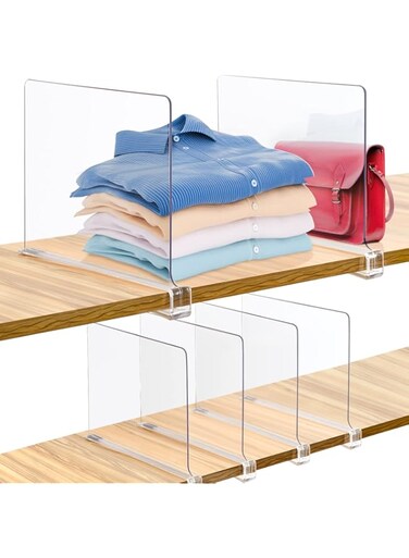 Consevisen Shelf Dividers for Closet Organization and Storage, 6 Pack Acrylic Clear Closet Shelf Dividers for Wood Shelves, Vertical Sweater Handbag Purse Organizer for Bedroom Kitchen Office