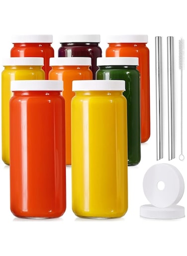 FUFU 8 Pack 16 oz Glass Juicing Bottles with 2 Straws &amp; 2 Lids w Hole- Travel Drinking Jars, Reusable Tall Mason Jar for Juice, Bubble Tea, Smoothie, Tea, Kombucha,yogurt