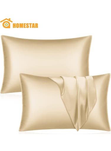 2 Pieces Silk Pillow Cover Pair, good for Hair and Skin, Soft Breathable, Smooth Both Sided, Standard Size, Champagne Gold