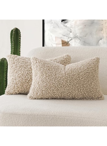 Foindtower Set of 2 Curly Teddy Wool Pillow Covers Decorative Boucle Textured Lumbar Throw Pillow Faux Fur Pillowcases Sheepskin Cushion Case for Sofa Bedroom Car 12"x20" Light Khaki
