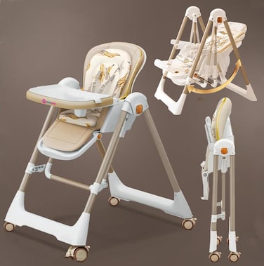 كرسي مرتفع 3 في 1 للاطفال بعمر 6 اشهر - 5 سنوات بارتفاع قابل للتعديل وامالة متعدد الوظائف مع حزام امان من 5 نقاط وصينية مزدوجة