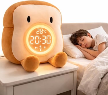 ساعة منبه توست المحشوة اللطيفة مع ضوء ليلي قابل للشحن، مصباح سيليكون ناعم بجانب السرير، USB قابل لإعادة الشحن، تحكم باللمس، ضوء LED دافئ، ضوء نوم محمول لغرفة النوم