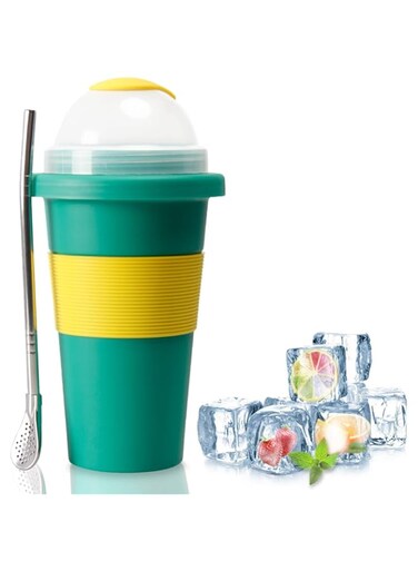 JoyMech Slushy Maker Cup, Compact Make and Serve Slush Cup with Stainless Steel Inner and Spoon Straw, Mini Ice Cream Maker Cup, Creates Single-Serving Slushies, Smoothies and Milkshakes, 10 oz, Green