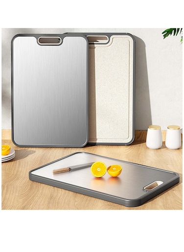 Cutting Board Double Sided, Food Grade Stainless Steel &amp; PP Chopping Board for Kitchen, Non-Slip Design with Juice Groove, Ideal for Meat, Vegetables &amp; Fruits