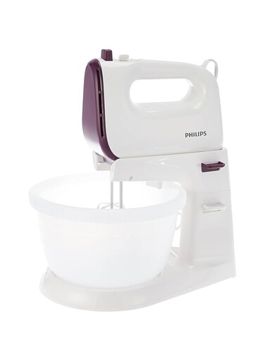Philips Mixer - 400W - 3L Bowl, Double Balloon Beater, Kneading Tool, 5 Speeds + Turbo, White/Purple - HR3745/11