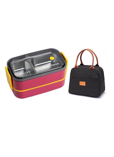 Stainless Steel Lunch Box - Insulated Bento Box Multifunctional-Containers Lunch Box with 2 Compartments &amp; Tableware(304 stainless steel) lunch box with Lunch MahMir Lunch bag (Red+ Lunch Bag)