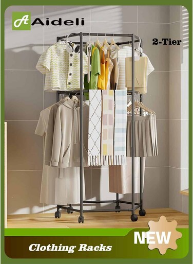 2-Tier Clothes Rack with Wheels, Portable Clothing Rack for Hanging Clothes, Bold Hexagon Multi-Functional Garment Rack for Bedroom and Living Room