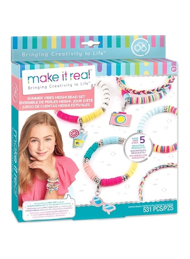 Make It Real - Summer Vibes Heishi Bead Bracelets - DIY Charm Bracelet Making Kit with Case - Friendship Bracelet Kit with Beads, Charms &amp; Thread - Arts &amp; Crafts Bead Kit for Girls - Makes 5 Bracelets