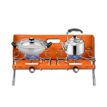 Portable 2 Burner Gas Stove with Foldable Legs, Windshield &amp; Adjustable Flame for Camping Outdoor Cooking