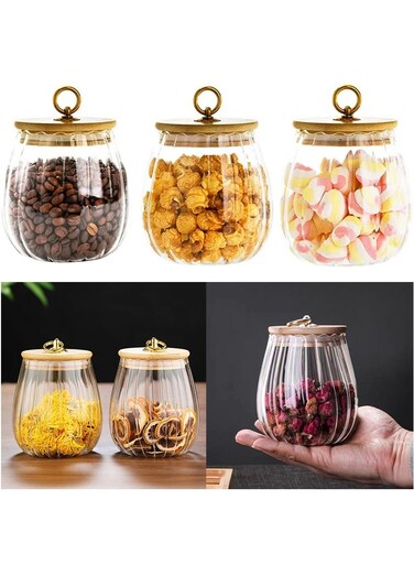 3PCS 750ml Glass Food Storage Jars with Bamboo Lids - Striped Pattern Glass Airtight Canisters for Coffee Beans &amp; Tea, Kitchen Storage Jars for Candy, Nuts &amp; Snacks (Round)