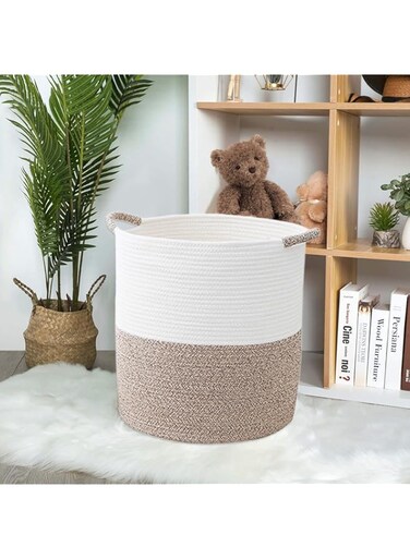 ROUNY Laundry Baskets, Collapsible Woven Cotton Storage Basket With Handles, Decorative Large Clothes Hamper for Bedroom Blankets Toys Towel Clothes and Pillows.