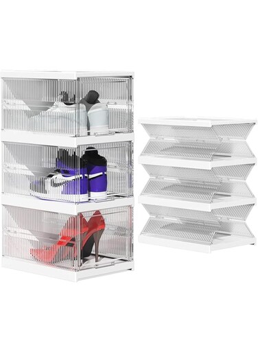 UNIFACE Shoe Storage Box,3 Tier Clear Plastic Stackable Shoes Boxes for Closet,Foldable Sneaker Organizer,Space Saving All-in-One Shoe Rack Organizer Sneaker Containers Bins Holder (3 Tier)