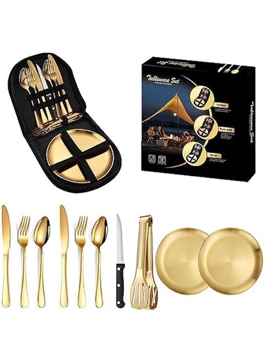 Camping Utensil Set,Portable Picnic Cutlery Set 10 Pcs with Case, Stainless Steel Tableware Set with Spoons Forks Plate,Travel Silverware Kit for Outdoor Hiking Picnic Dinnerware Set (Gold)