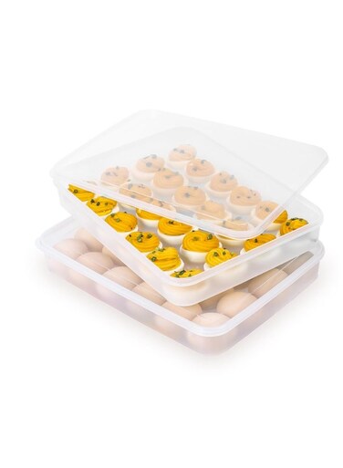 2Pcs Stackable Egg Container With Lids , Large Capacity PP Egg Holder For 48 Eggs, Kitchen Refrigerator Food Storage Box, Portable Deviled Egg Tray, Clear, 12.4x9.2x2.2 Inch
