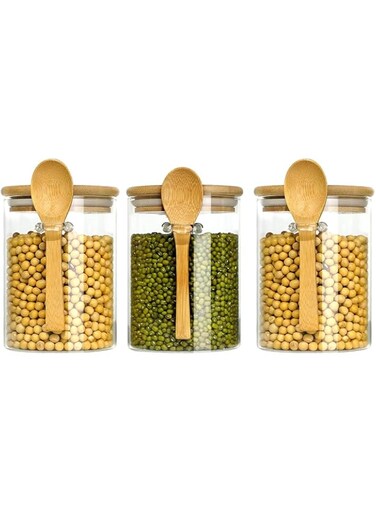 KUAIJI 3-Pack 800 ml(28.16 oz) Glass Jars With Aitight Wooden Lids and Spoon,Spice Jar Overnight Oats Breakfast Sugar Salt Coffee Tea Candy Cookies Jars, Kitchen Storage(3 Pack800 ML)