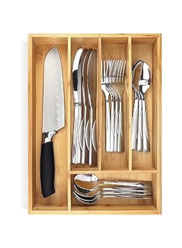 Kitchen Drawer Organiser, Bamboo Cutlery Tray, 5 Compartments