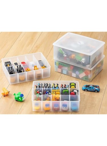 Premify 4Pack Toy Storage Boxes with Lids, Cube Kids Toy Box Stackable Plastic Drawer Organizer, Clear Compartment Craft Containers for Building Blocks Bricks Puzzle Board Organiser
