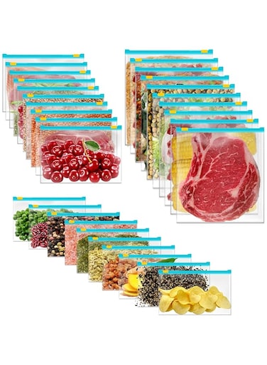 30 Pcs Food Storage Bags -Fridge Storage and Organization- Fridge Reusable Bags- Standup Reusable Snack Bags -Zip Lock Bag- Sandwich Bags For Kitchen- Lunch And Fridge Organization(Small,Med,Large)