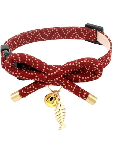 PetSoKoo Cute Bowtie Cat Collar with Bell. Japanese Stylish Bowknot &amp; Fish Charm. Safety Breakaway, Soft, Lightweight, for Girl Boy Male Female Cats Kitten,Red