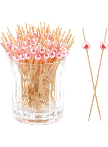 200PCS Cocktail Picks Toothpicks, for Appetizers Charcuterie Accessories, Cocktail Picks for Drinks Bamboo Toothpicks, Pink Pearl Toothpicks, for Food Fruit Long Toothpicks 4.7Inch