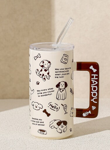 Cute Pet Puppy Cartoon Ceramic Mug - Water Cup with Straw &amp; Handle, Dishwasher/Microwave/Sterilizer Safe for Daily Drinks