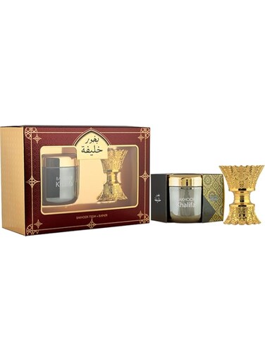 Hamidi Khalifa 2 Pieces Gift Set 100% Pure Oriental Bakhoor 70g &amp; Gold Burner, Authentic Arabic Incense, Home Fragrances, Refreshing, Use Every where, Smoke Free, Charcoal, Long Lasting, Gift Hampers