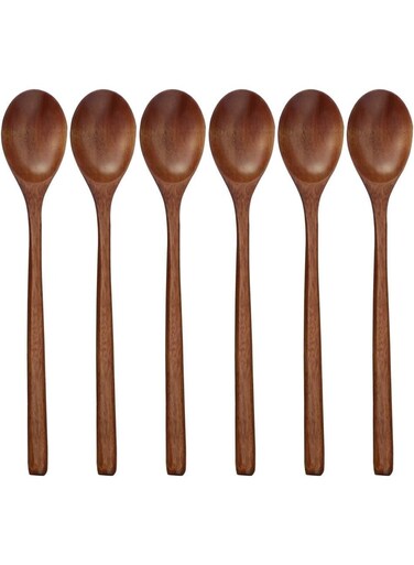 6 Pcs Natural Wooden Kitchen Spoon Set &acirc;&euro;&ldquo; 9 Inch Coffee Spoon Mini Table Spoon Eco-Friendly Durable Soup Spoon Lightweight Cooking Utensils for Mixing Serving Stirring and Safe Non-Stick Use
