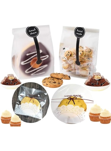 JeVenis Bakery Packaging Bags Pastry Packaging Treat Bags Cellophane Bags with Hand Made Stickers for Cookie Candy Chocolate Bread Cupcake Donuts Cake