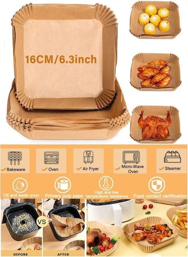 16CM Air Fryer Disposable Paper Liner Air Fryer Liners Square Baking Paper for Air Fryer Water-proof Parchment Paper for Baking Roasting Microwave