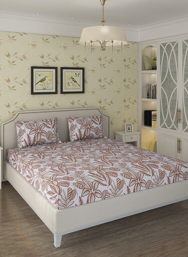Contract Spring Summer Collection-Cotton Rich Double Bedsheet with 2 Pillow Covers for Bed Room, Home, Hotel-120 GSM, Brown Leaves, 210 X 215 Cm