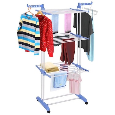 4 Tier Clothes Drying Rack W/Casters, Foldable Steel Laundry Dryer Hanger Rack for Clothes, Movable Drying Rack for Indoor Outdoor Bedroom Balcony