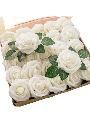 OOMYL Artificial Flowers Real Looking Ivory Foam Fake Roses with Stems for DIY Wedding Bouquets White Bridal Shower Centerpieces Arrangements Party Tables Decoration, 25pcs (Ivory)