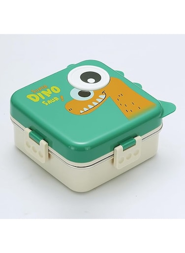 Twisoo Super Dinosaur Steel Lunch Box, Dino Eye Spill Free Steel Lunch Box Stainless Steel Double Decker Bpa Free Leakproof Soup Bowl and Spoon 3 Compartment 1120ml 70ml (Green)