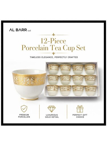 12-Piece Arabic Coffee Cups Set &acirc;&euro;&ldquo; Premium Ceramic Tea &amp; Espresso Cups with Elegant Gold Trim &acirc;&euro;&ldquo; Traditional Cups for Arabic &amp; Turkish Coffee &acirc;&euro;&ldquo; Ideal for Majlis, Ramadan, Eid &amp; Home Hospitality