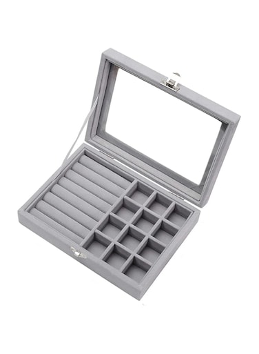 MISBAH 2-in-1 Velvet Jewelry Box Earring Ring Organizer Holder for Girls (Ash Grey)