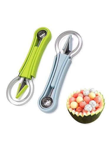 Baller Scoop, 4 In 1 Stainless Steel Watermelon Cutter Fruit Carving Tools Set for Salad Scoop Ice Cream Slicer Dig Pulp Separator Dig Knife and Cookie DIY 1 Blue and 1 Green