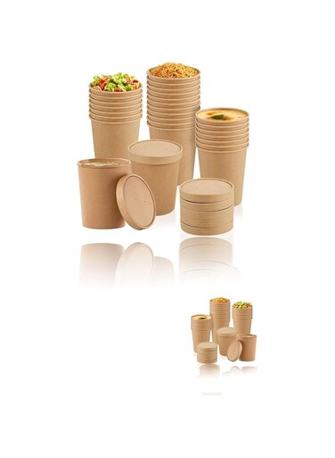 Sweet seven Bulk Case of 50 Sets - 32 oz. Paper Food Containers with Vented Lids for Hot Soup, Ice Cream, and More - Disposable Kraft Bowls