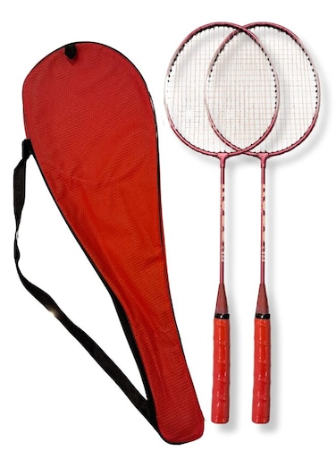 Badminton Racquet 2 Pcs Set - Model 658 with Full Iron Frame, T-Joint Design &amp; Cover &ndash; Perfect for Family Entertainment, Red