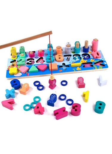 Early Learning Toys for Toddlers, Educational Wooden Board 5 in 1 Numbers Action Math Counting Fish Catching, Wooden Montessori Toys, Wooden Logarithmic Toy