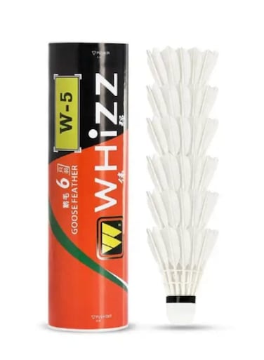 Whizz Badminton Shuttlecocks W-5 &ndash; Goose Feather Skirt with Taiwan Fiber Cork, 6 Pcs Tube &ndash; Durable &amp; Stable Flight for Competitive Play