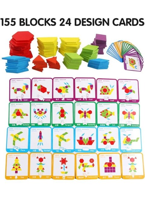 155 Pcs Wooden Pattern Blocks Set Geometric Shape Puzzles Preschool Learning Toy STEM Gift for Kids - Kindergarten Educational Montessori Tangram Toys for Boys &amp; Girls with 24 Pcs Design Cards