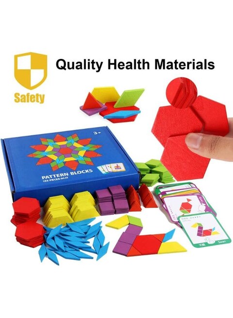 155 Pcs Wooden Pattern Blocks Set Geometric Shape Puzzles Preschool Learning Toy STEM Gift for Kids - Kindergarten Educational Montessori Tangram Toys for Boys &amp; Girls with 24 Pcs Design Cards