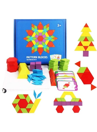 155 Pcs Wooden Pattern Blocks Set Geometric Shape Puzzles Preschool Learning Toy STEM Gift for Kids - Kindergarten Educational Montessori Tangram Toys for Boys &amp; Girls with 24 Pcs Design Cards