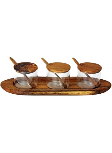 BLACKSTONE Walnut Wooden Spice Storage Container With Bottom tray and 3 Glass Jars Condiment set - WN3813