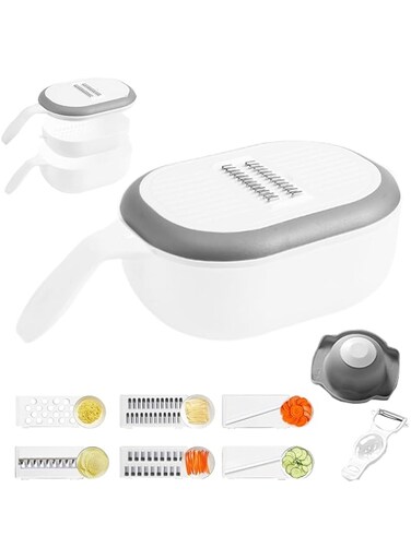 VAODO Vegetable Cutter, 2 in1 Multifunctional Vegetable Drain Basket Slicer with Detachable 6 Blades, Hand Guard Paring Knife, Egg White Separator, Easy to Clean, For Fruits, Vegetables, Cheese, Nuts