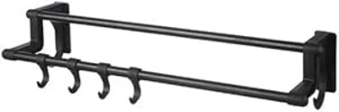 FITTO Towel Holder with 4 Hooks – Black Metal Wall Mount, Kitchen Organizer with Double Hanger for Hand Towels, Self-Adhesive, No Drill, Space-Saving Design for Bathroom and Kitchen