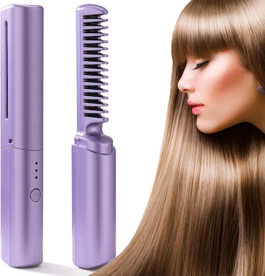 FITTO Mini Hair Straightener Brush &ndash; Portable Cordless Rechargeable with Negative Ions, 3 Temperature Settings, Perfect for All Hair Types, Quick Styling On-the-Go